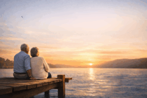 Two retired people staring out into a lake.