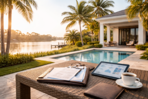 A desk with retirement documents in the state of Florida