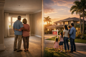 A couple and a family standing in their living room and in front of house.