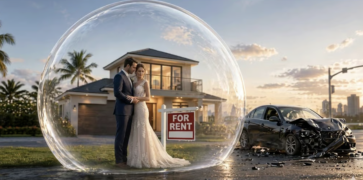 Married couple in bubble in front a house representing the idea of asset protection