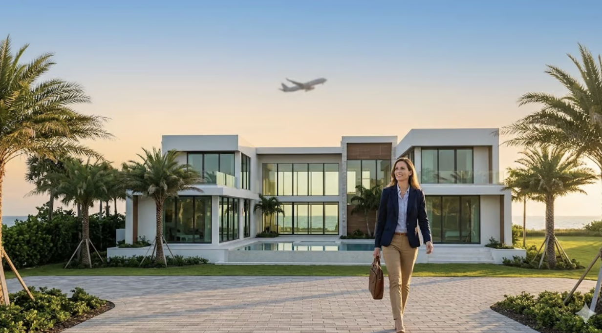 Spirit Flight Attendant walking away from a mansion as a real estate agent