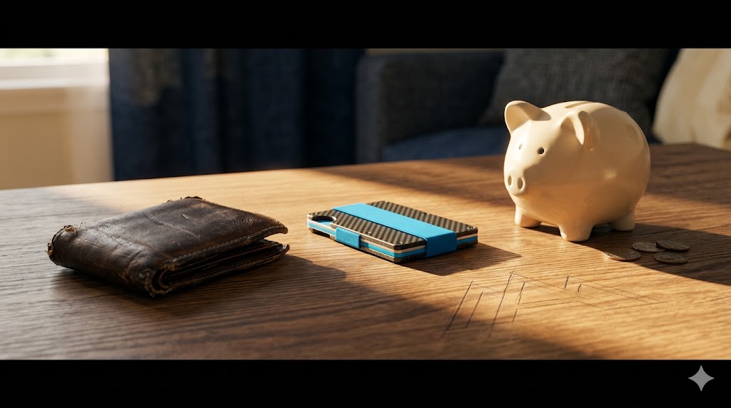 Desk with a piggy bank and wallet on top representing IRA investing