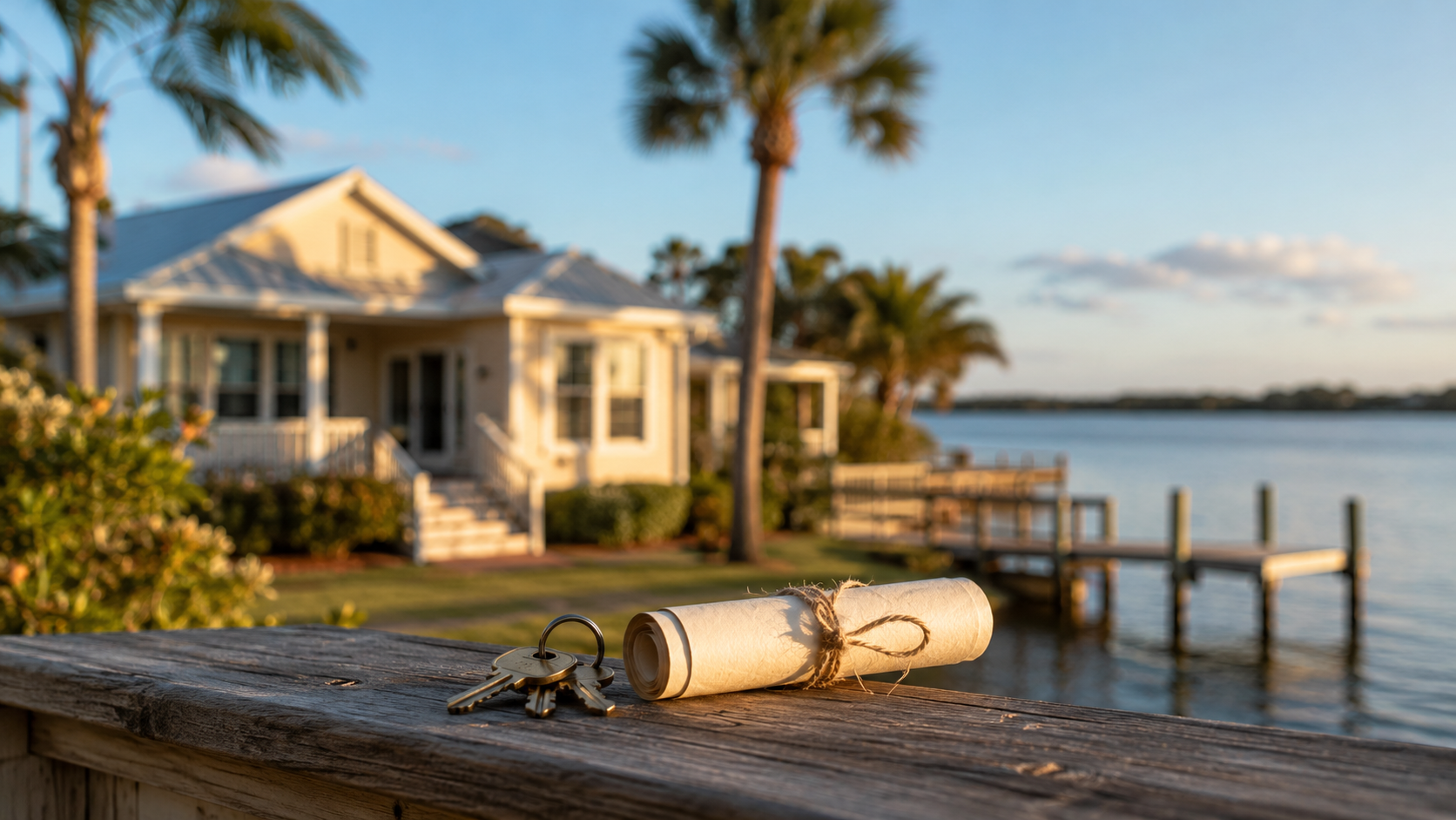 Primary residence in the foreground and a coastal vacation home in the background at sunset, symbolizing Florida real estate asset protection and second-home ownership strategies.