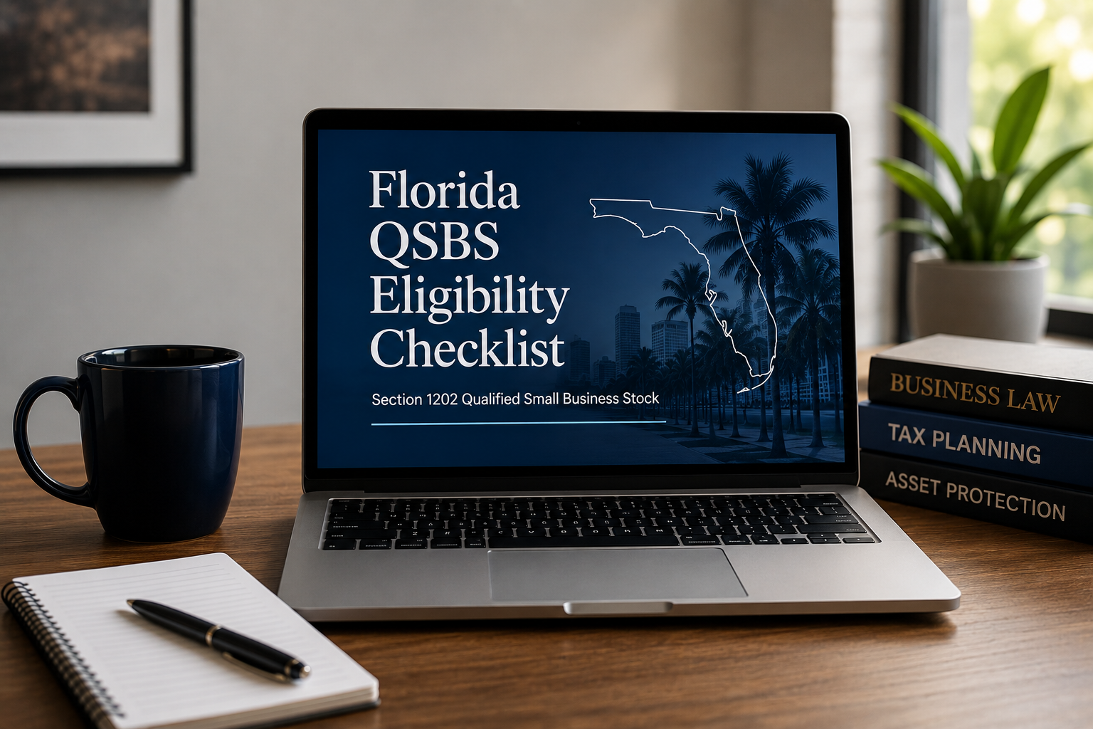 Professional office workspace featuring the Florida QSBS Eligibility Checklist on a laptop screen. Florida Qualified Small Business Stock (QSBS) Eligibility Checklist shown on a laptop with