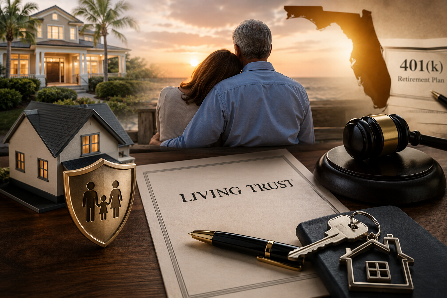 Document that says Living Trust and older couple sitting in front of it staring at their home
