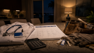 A kitchen table at night in a Florida home: on one side, a hospital ID badge and stethoscope resting on a folded white coat; on the other, a worn tool belt, paint-flecked work gloves, and a stack of rental-property keys with labeled tags. Between them, a wall calendar dense with handwritten time entries and a calculator. Warm lamp light, deep navy shadows, one bright blue accent. The mood: two careers engineered into one tax strategy. Documentary realism, shallow depth of field. No readable text, no logos, no faces. Hyperrealistic.