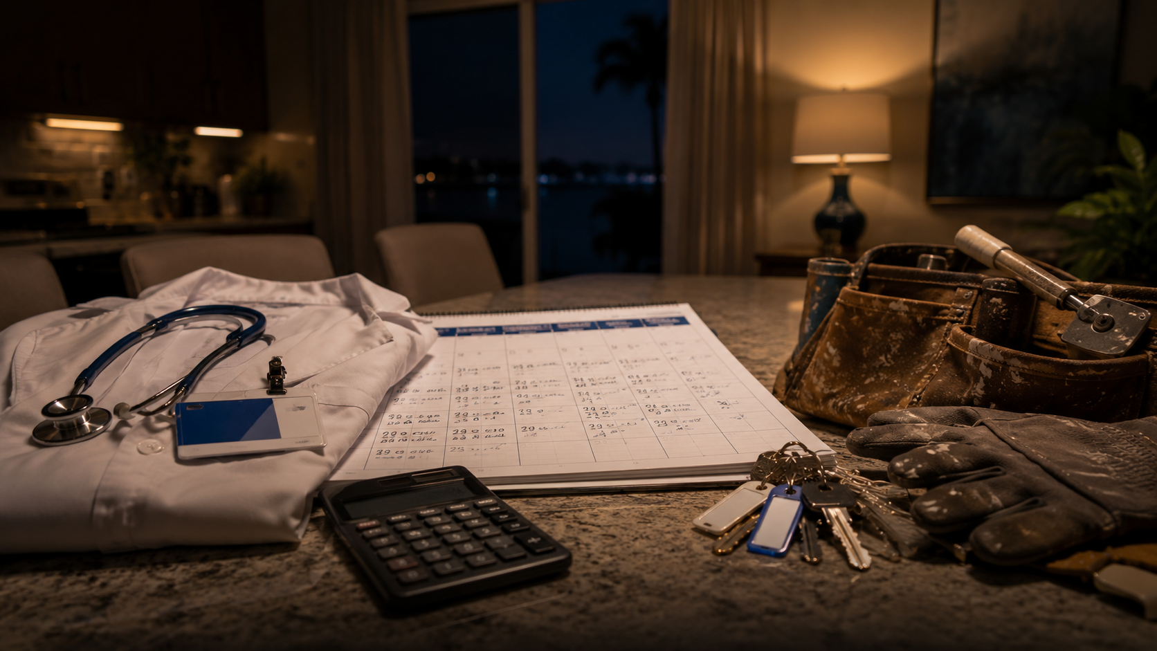 A kitchen table at night in a Florida home: on one side, a hospital ID badge and stethoscope resting on a folded white coat; on the other, a worn tool belt, paint-flecked work gloves, and a stack of rental-property keys with labeled tags. Between them, a wall calendar dense with handwritten time entries and a calculator. Warm lamp light, deep navy shadows, one bright blue accent. The mood: two careers engineered into one tax strategy. Documentary realism, shallow depth of field. No readable text, no logos, no faces. Hyperrealistic.