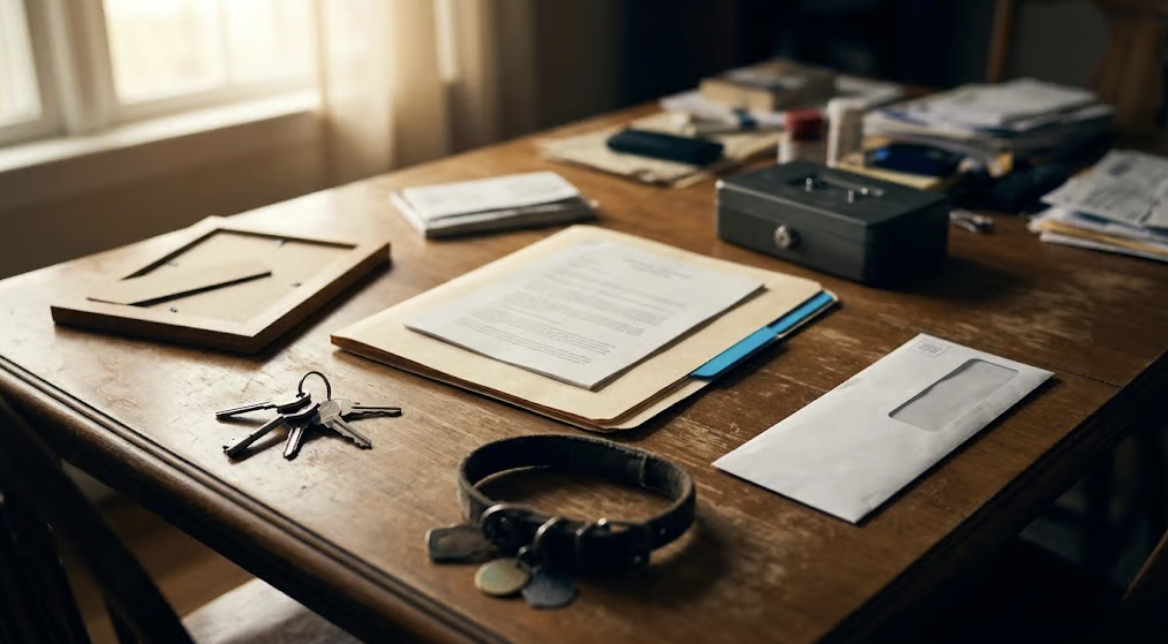 A desk with Florida Will documents on top of it.