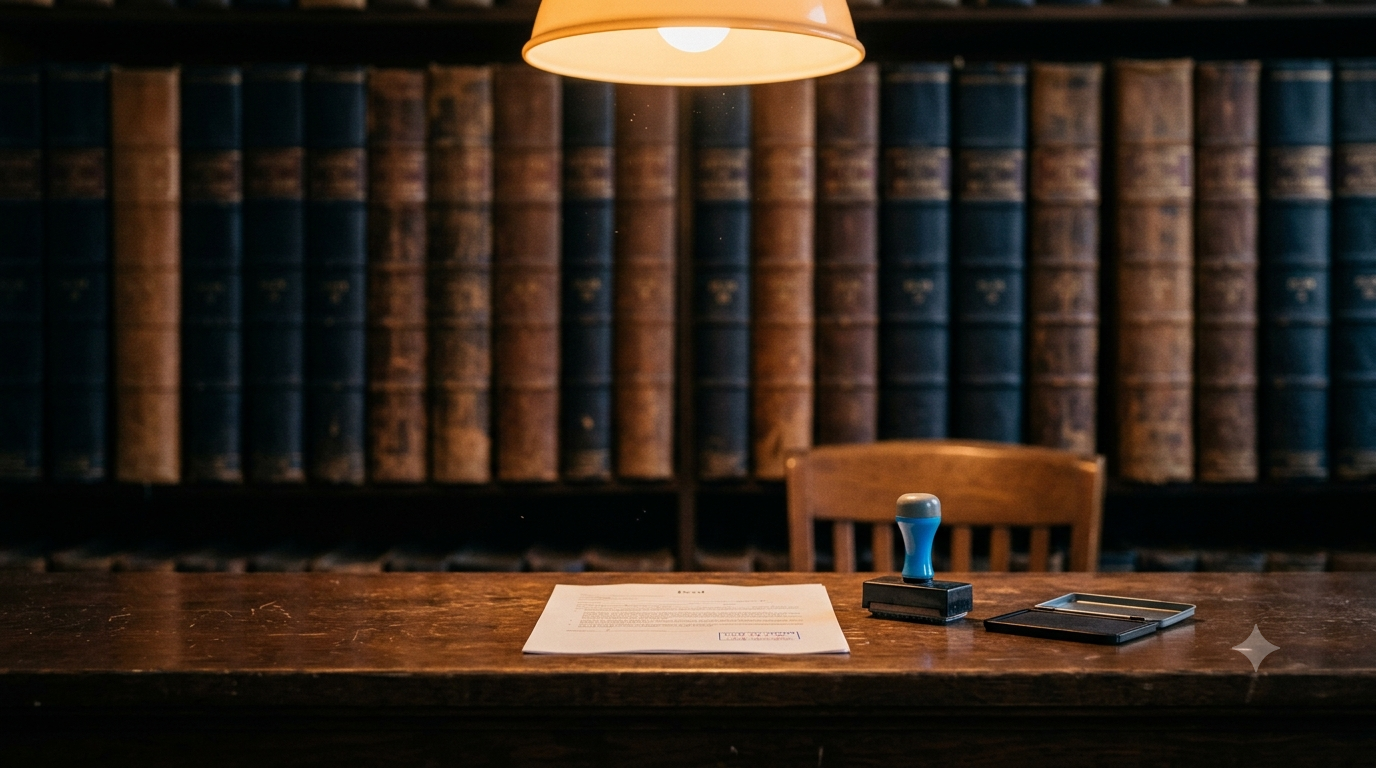 A freshly stamped deed lies flat beside a rubber date stamp and an open ink pad, the stamped date blurred beyond legibility. Behind the counter, a wall of bound land-record volumes recedes into soft focus. A single warm overhead lamp, faint dust in the light, one empty chair. The mood: a permanent public record being made, one month too late. Documentary realism, shallow depth of field, amber and deep navy tones with a single bright blue accent. No readable text, no logos, no faces.