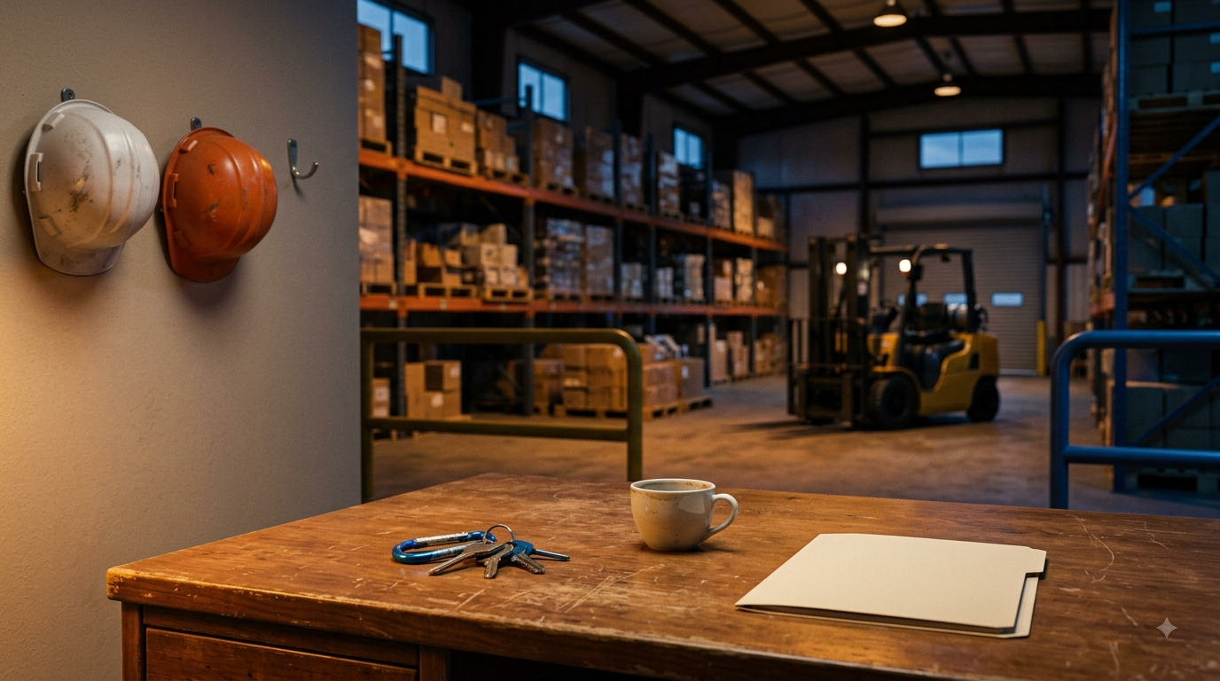 The interior of a family-owned Florida distribution warehouse at end of day, shot from the office doorway. In the foreground, a worn wooden desk with a set of keys, a coffee cup gone cold, and one unopened folder squared to the edge. Behind it, pallet racking and a parked forklift recede into soft focus with the overhead lights half off. On the wall to the left, two hard hats hang on hooks and a third hook is empty. The mood: a business that runs perfectly and has no idea who runs it next. Documentary realism, shallow depth of field, warm amber industrial light with deep navy shadows and a single bright blue accent on a safety rail.