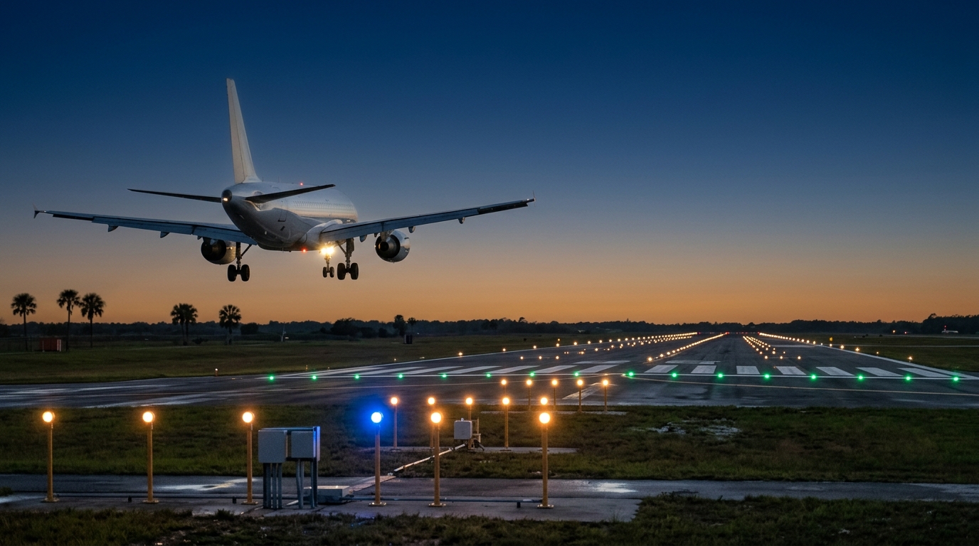A commercial airplane on final approach above an illuminated runway at dusk, with landing gear down and glowing lights stretching into the distance.