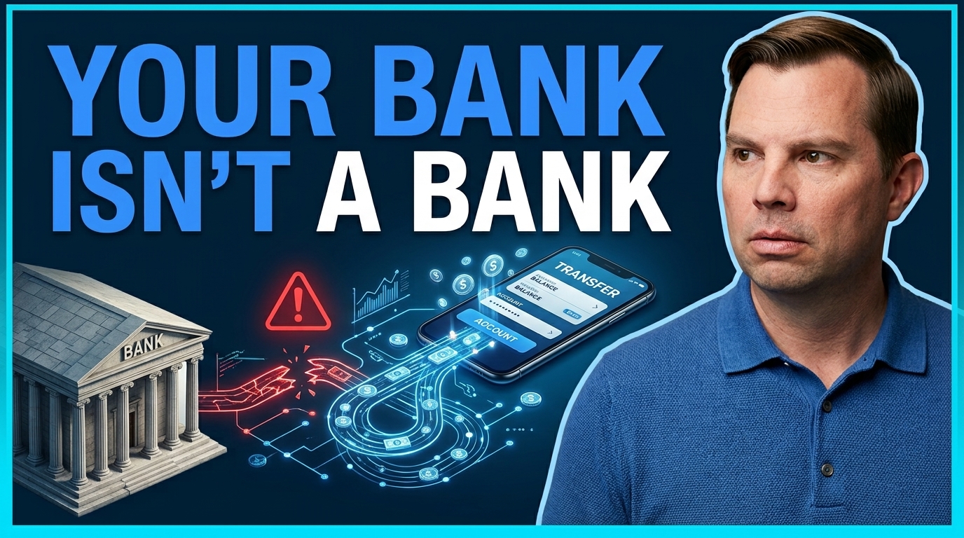 A vertical informational graphic with a blue neon border features large, bold text at the top that reads: 'YOUR BANK ISN'T A BANK' in white and blue letters. Below the text is a concerned-looking man with short brown hair wearing a blue polo shirt, centered against a dark blue background. He is surrounded by a complex, glowing cyan-blue digital circuit board path that represents a complex money flow, including small dollar-sign coins and data nodes.