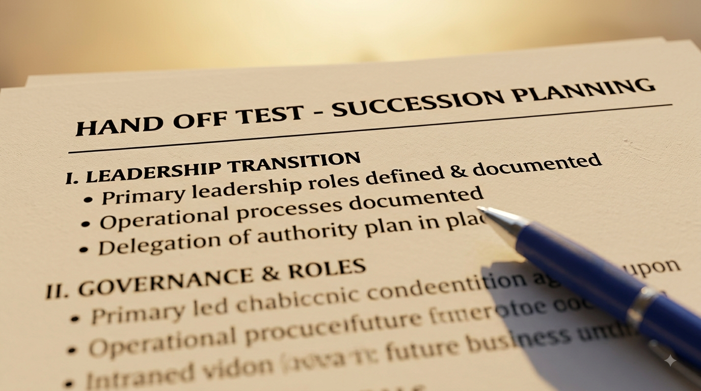 Macro editorial photograph of a cream-colored document titled "HAND OFF TEST - SUCCESSION PLANNING" in bold capital letters. The paper lists section "I. LEADERSHIP TRANSITION" with visible bullet points for defining roles, documenting operational processes, and delegating authority. A blue pen with silver accents rests across the right side of the document, casting a soft shadow across the page under warm, golden-hour sunlight.