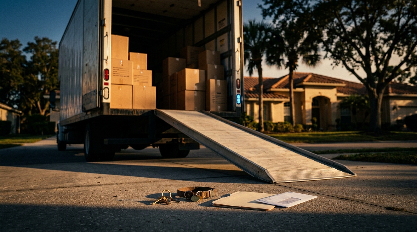 A moving truck with its ramp lowered on a driveway at golden hour, with house keys, a dog collar, a folder, and an envelope set aside on the pavement in the foreground.
