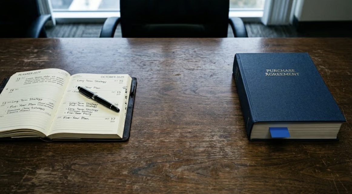 Desk with notebooks for business exit planning