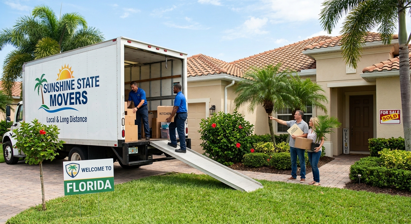 A moving truck in front of a Florida home illustrating asset protection for new Florida residents