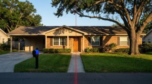 The head-on view focuses on the centered front door. A thin, perfectly straight, taut red surveyor's chalk line is stretched like an absolute line, extending from the dark asphalt driveway, across the concrete walkway and lush green lawn, culminating precisely at the center of the wooden front door. This line is an arbitrary imposition, dividing the frame into precise, whole halves. To the left is an attached carport. A large, mature live oak tree provides shade and intricate branch patterns. Warm, low-angle sun illuminates the brick facade, casting long, deep navy shadows. A black mailbox sits near the driveway, and its flag is painted a single, bright electric blue accent. There are absolutely no people, readable text, logos, faces, or house numbers visible.
