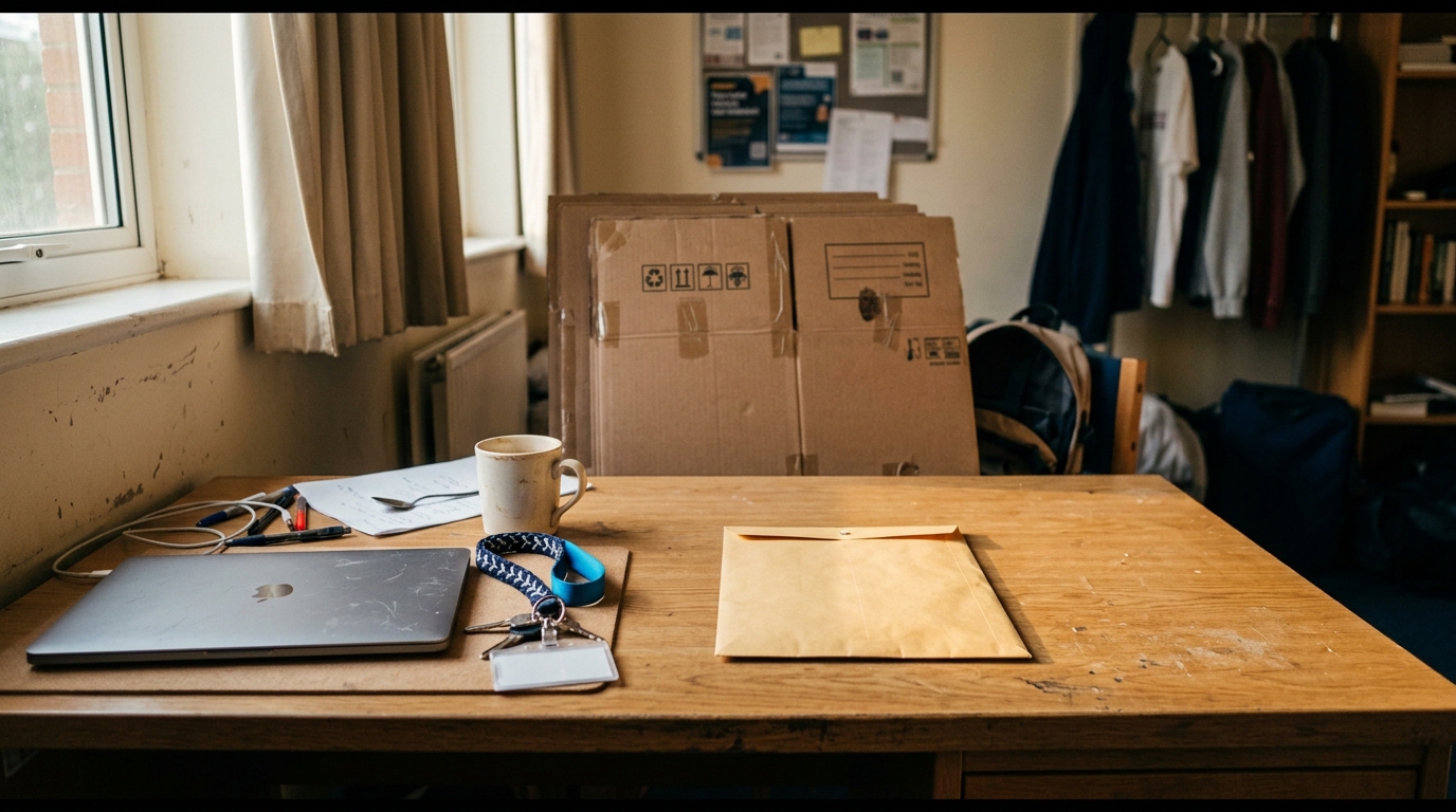 A dorm room desk photographed in early morning light, half unpacked: a laptop closed, a lanyard, a coffee cup, a folded stack of moving boxes leaning against the wall behind it. Centered on the desk, slightly apart from everything else, sits a single unopened document envelope. The room reads as a life starting; the envelope reads as the one thing nobody has dealt with. Documentary realism, shallow depth of field, warm morning light through a window with deep navy shadows in the corners and one bright blue accent on the lanyard. No readable text, no logos, no faces, no signage. Hyperrealistic.