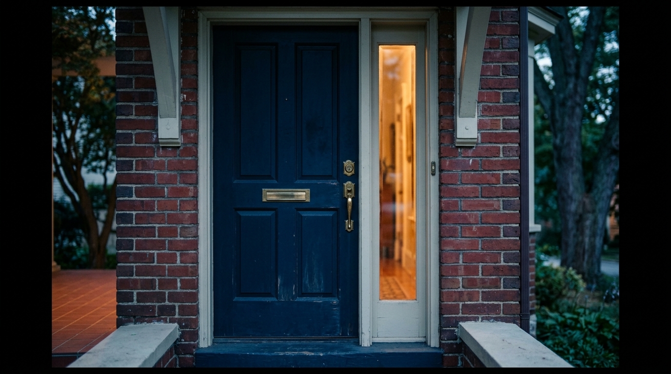 Deep navy twilight tones blanket the weathered brick facade and painted wooden frame, contrasted by a warm amber interior light spilling through a narrow vertical sidelight window beside the entrance. Shot on a 35mm lens at f/4, the focus is razor-sharp on the vintage brass door handle and lock hardware, with soft depth-of-field falloff toward the frame's edges. No house numbers, text, signage, or people are visible in the frame.