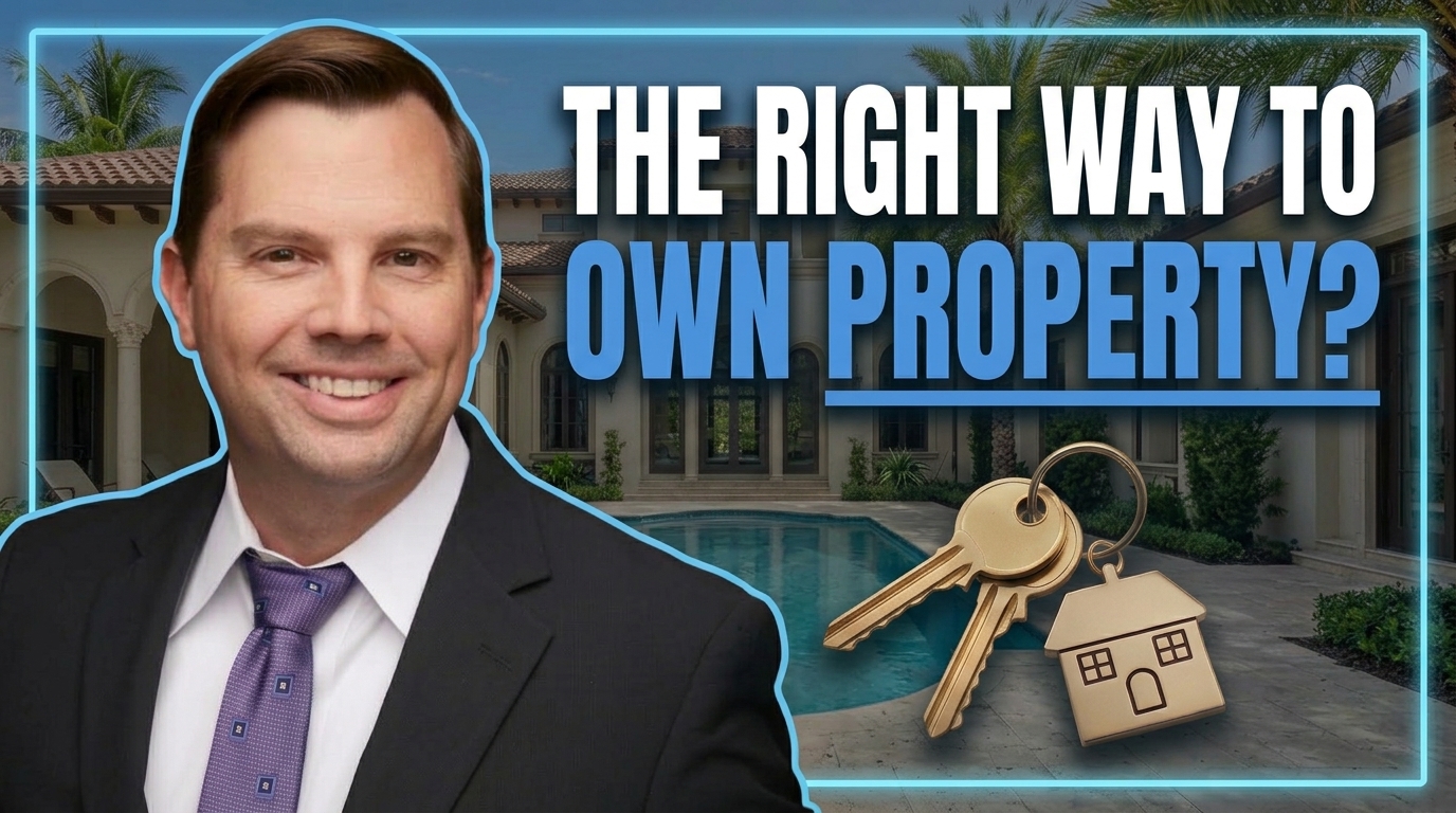 A smiling Attorney Joe Seagle in a black suit with a purple patterned tie on the left. The background is a luxury Mediterranean-style estate with a swimming pool and palm trees. Bold text on the upper right reads: "THE RIGHT WAY TO" (white text) "OWN PROPERTY?" (blue text). Below the text are brass keys with a house charm on a keyring.
