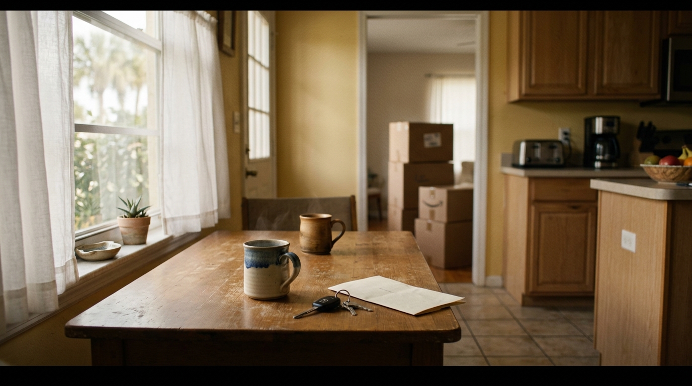 A warm, ordinary Florida kitchen in morning light: a wooden table with two coffee mugs, a set of car keys, and a folded paper document resting near the edge. A pair of moving boxes visible through a doorway in the soft-focus background. Sheer curtains diffusing sunlight from a window at left. No people visible, no readable text on the document.