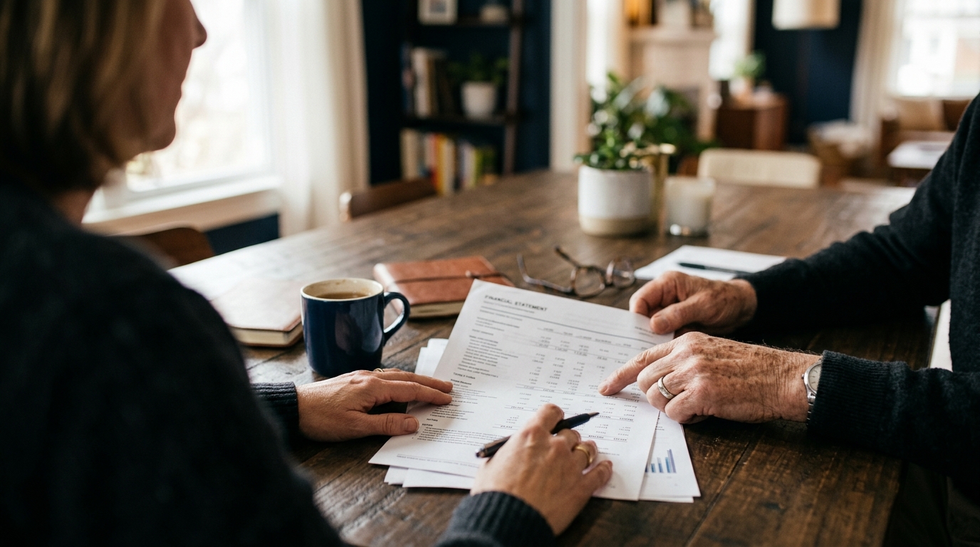 An older Florida couple reviewing financial statements and estate planning documents, illustrating the oversight controls that guard against elder financial exploitation