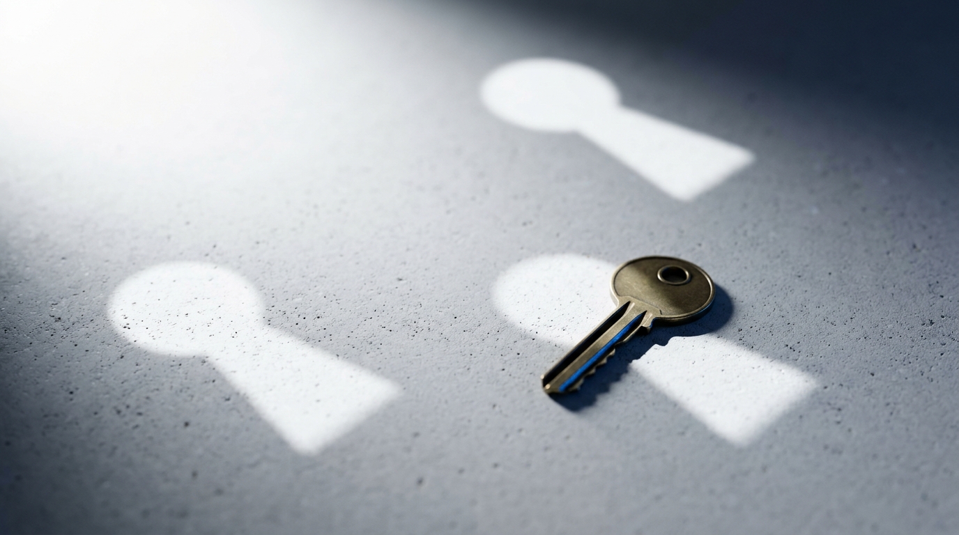 An antique brass key rests on a pale gray concrete surface, perfectly positioned inside one of three keyhole-shaped pools of light cast from the upper left.