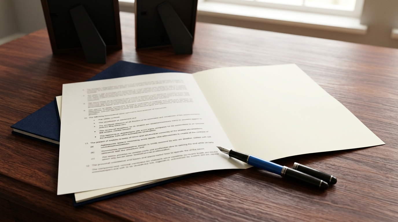 An open legal document sits on a rich mahogany desk beside an uncapped blue fountain pen, with a blank cream page on the right and two turned-away picture frames softly blurred in the background.