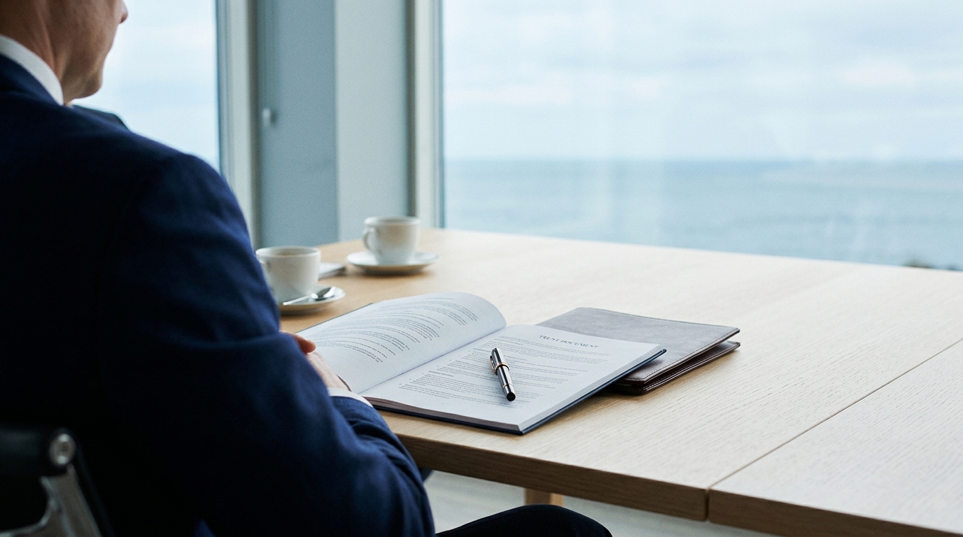 A professional reviews an offshore trust document at a quiet conference table overlooking the ocean, representing careful, early asset protection planning.
