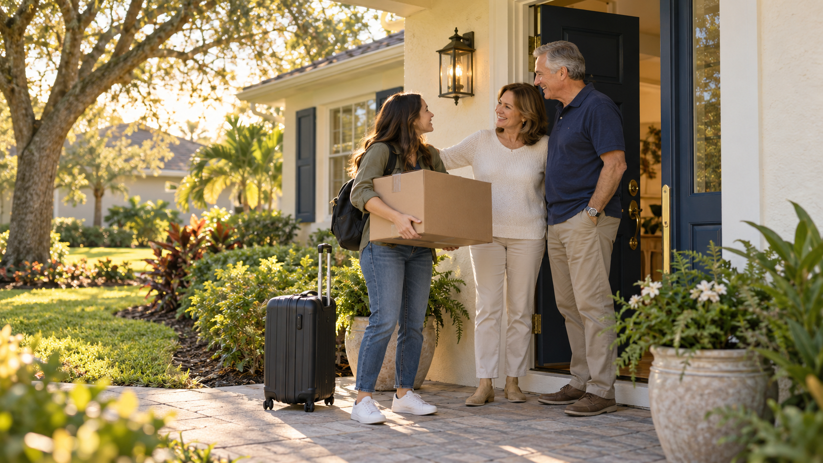 Parents welcome their adult daughter with a moving box and suitcase outside their Florida home.
